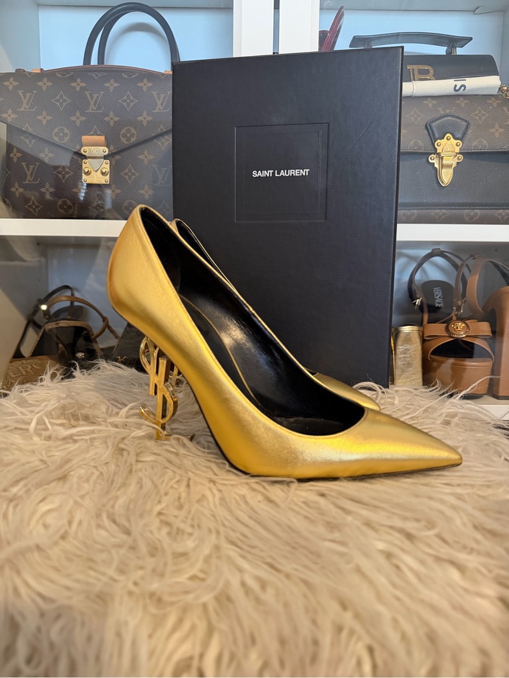 Saint Laurent Metallic Gold Opyum YSL Logo Heel Pointed Pump